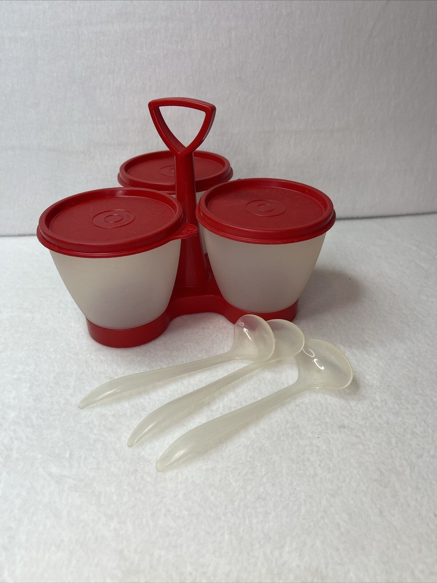 1990s Tupperware Condiment Serving Caddy Red/Sheer w/3 Spoons EUC