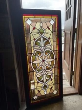 SG3913 amazing antique stained jeweled beveled glass window 25.5 x 58