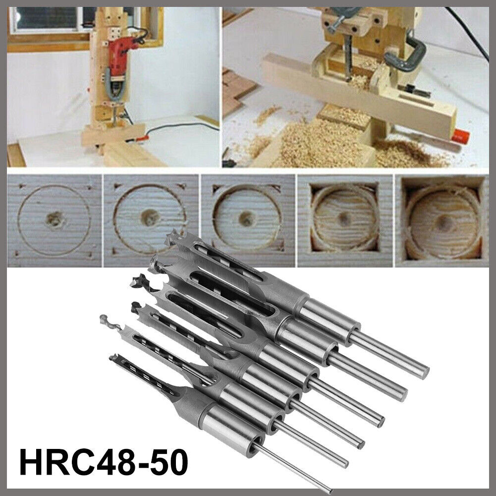 6Pcs Square Hole Saw Auger Drill Bit Mortising Chisel Woodworking 6.35