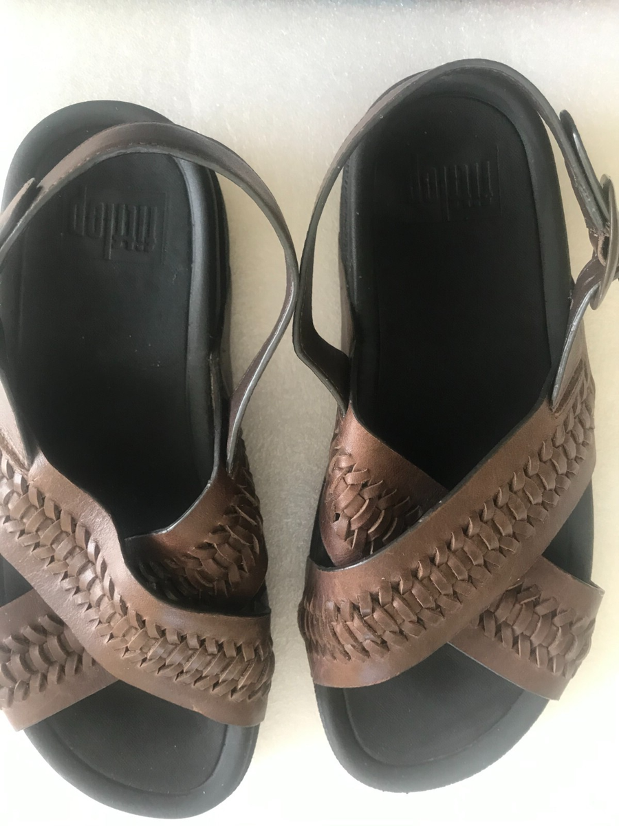 MENS FITFLOP SIZE BROWN LEATHER SURF CROSSOVER WEAVE SANDALS VGC