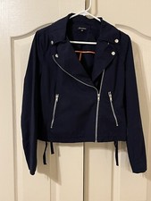 Shinestar Moto Jacket Zippers 100% Cotton Adj Waist Unlined Navy Blue Sz Large