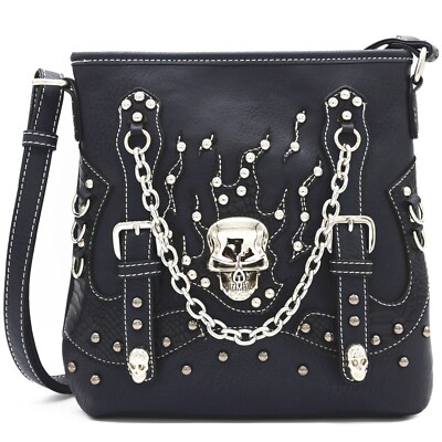 Punk Gothic Skull Crossbone Goth Purse Women Shoulder Bag Crossbody Wallet Black
