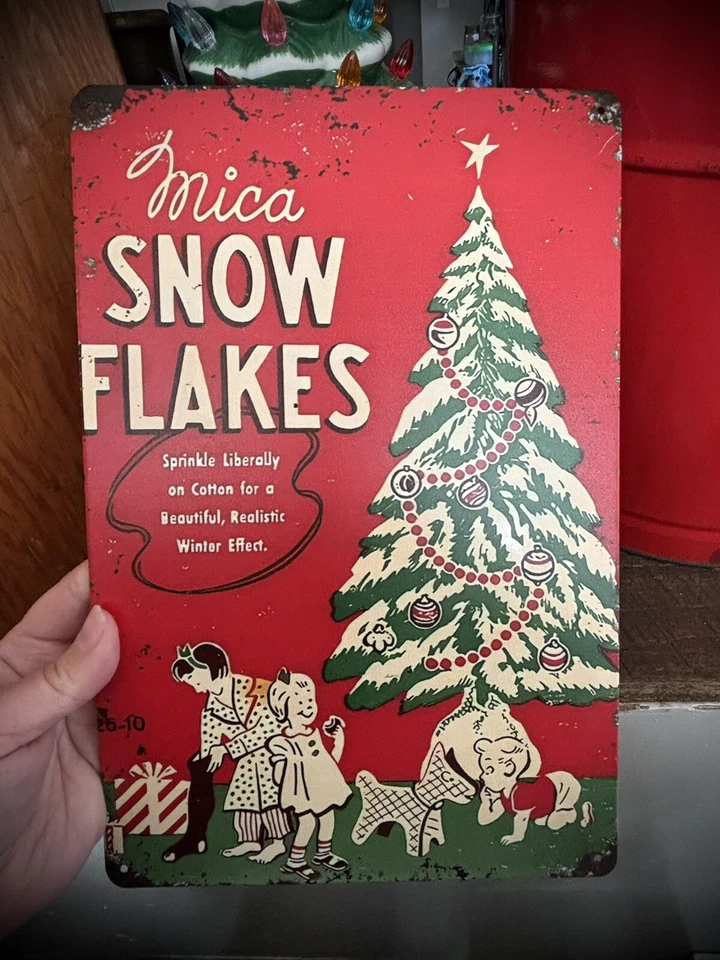"Caja de copos de nieve de mica vintage estilo retro publicidad letrero de metal 12""X8"" Navidad" Foto 2 de 4