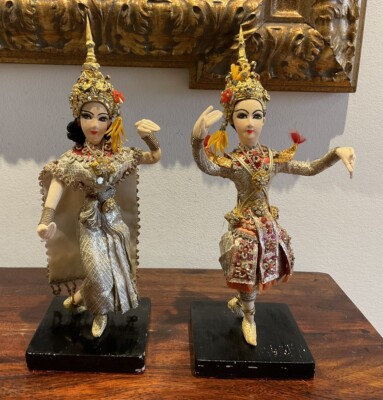 Gorgeous Pair Of Vintage Thai Dancer Dolls On Wooden Stands