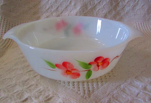 Vintage Anchor Hocking Fire King Peach Blossum Baking Dish, Milk Glass 1 qt.