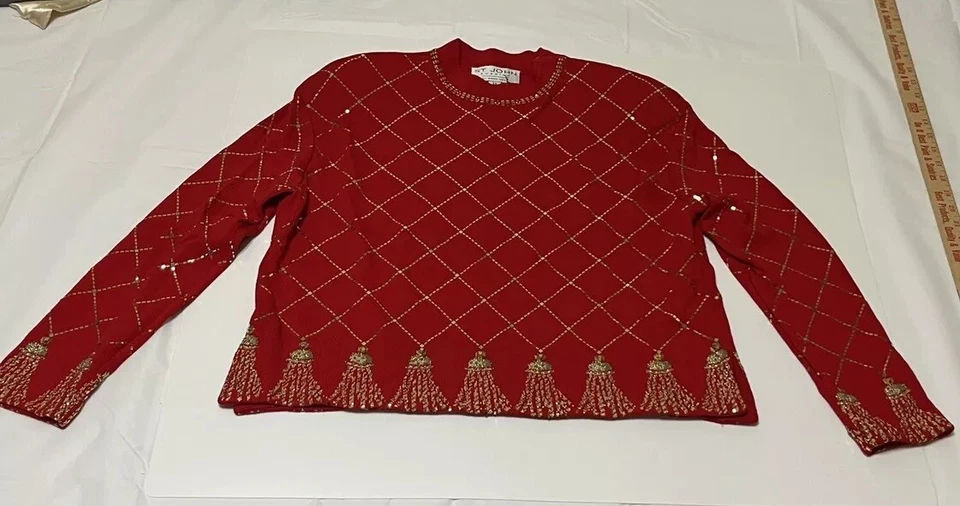 Suéter Top St John Evening Marie Gris Rojo Dorado Estampado Borla Brillante Vacaciones $$$ Foto 2 de 4