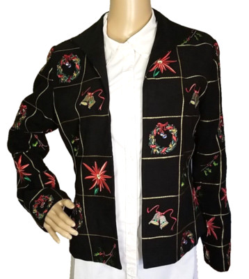 MAK Of NEW YORK Christmas Blazer Black Embroidered Floral wreath 8 Jacket    T19