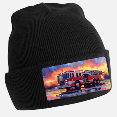 Black Fire Truck Print Beanie Hat - Unisex Cap, Cotton