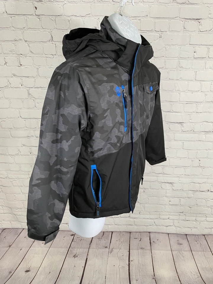 Free Country Black Gray Blue Camo Zip Off Hood Full Zip Outdoor Rain Jacket S - Image 2 of 4