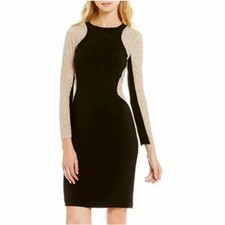 XSCAPE Women Crystals Embellished Mesh-Trimmed Sheath Black Evening Dress Sz 10