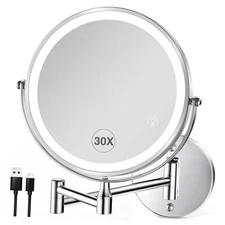 LED Lighted Makeup Mirror: 8.5in Wall Mounted Magnifying Mirror with 30X Chrome