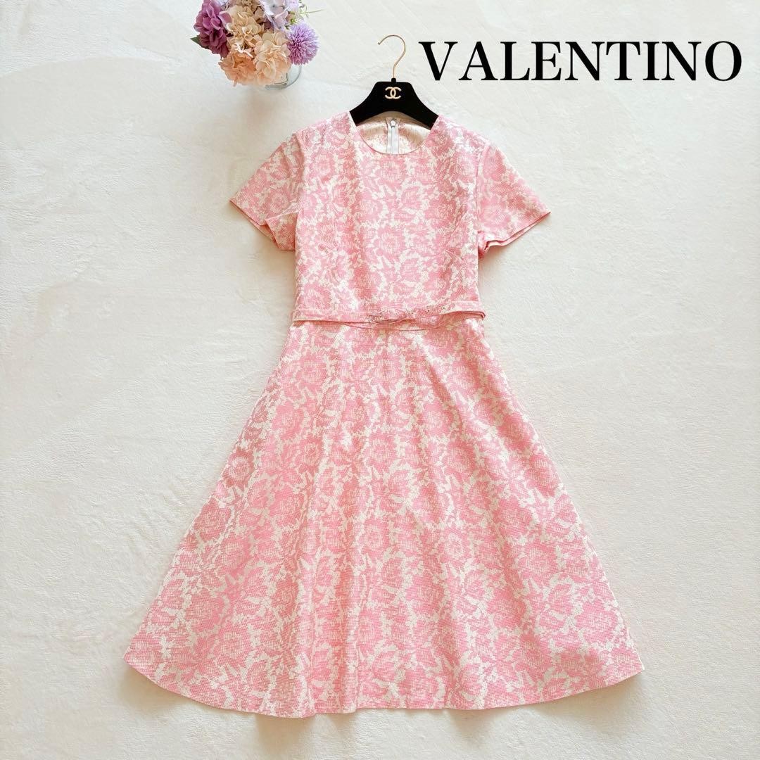 VALENTINO Floral Jacquard Dress Pink Size XL Elegant Designer Belted From Japan thumbnail 13