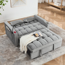 2-Seaters Convertible Folding Velvet Sofa Bed Adjust Backrest w Phone Holder