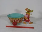 VINTAGE J. CHEIN TIN LITHO RABBIT PULLING BASKET-CART 12" LONG