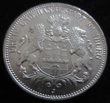 MDS DEUTSCHES REICH KAISERREICH DREI 3 MARK 1913 J "WAPPEN HAMBURG", SILBER  #W