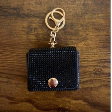 Black Rhinestone AirPod Case PU Leather Gold Tone Keychain Clip Sparkly Cover
