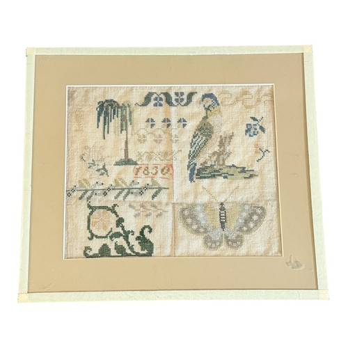 Antique 1830 Folk Art Needlework Sampler with Bird & Butterfly Embroidery