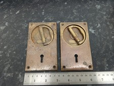 ANTIQUE VINTAGE BRASS DOOR HANDLES OLD PLATES WITH  KEYHOLE 5 " X 3" 2 OFF