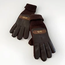 VTG S-M English Village Brown Faux Leather Acrylic Knit Gloves Gold Embellished