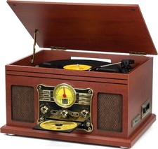 Mahogany Finish Bluetooth Record Player: Multifunctional Vinyl FM Radio System