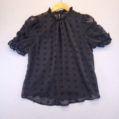 IRIS Black Swiss Dot Ruffle Mock Neck Puff Sleeve Blouse Top Med Business Chic