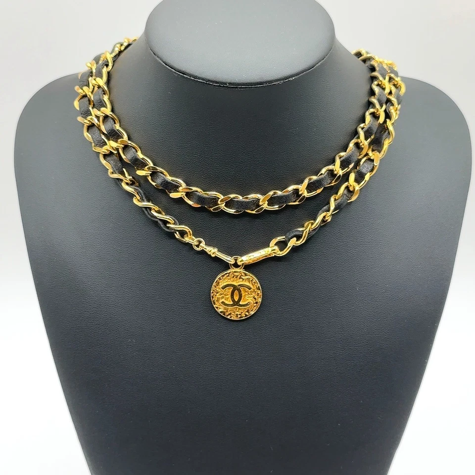 Collar Cinturón Cadena Cuero Dorado Chanel Vintage CC COCO 1982 Accesorio JAPÓN Foto 2 de 4