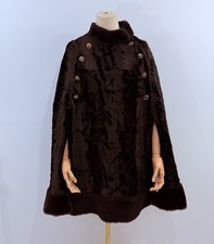 Vintage Espresso Brown Faux Fur Cape Cloak Arm Slits Button Closure Mid Century