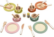 27-Piece Wooden Kitchen Set with Plates, Dishes, and Accessories for Kids