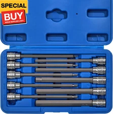 3/8" Drive Extra Long Allen Hex Bit Socket Set, S2&CR-V, SAE, 10 Pieces, 1/16 In