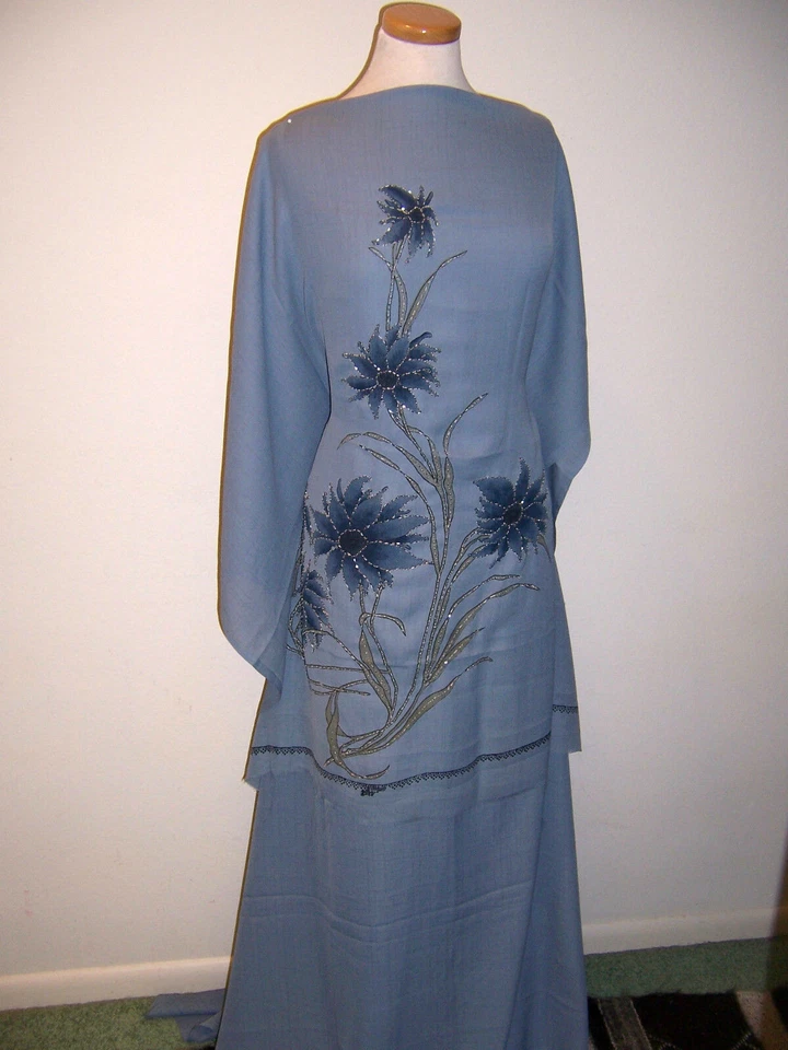 3 TELAS DE DISEÑO A JUEGO GRIS AZULADO MAGNÍFICOS DISEÑOS CON CUENTAS Y LENTEJUELAS 7+yd Foto 2 de 4