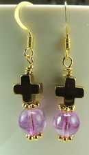 Lilac Glass Sphere Earrings with Crosses Handmade Dainty Jewelry