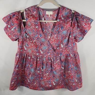 Lucky Brand Women's Cold Shoulder V Neck Top Shirt Metallic