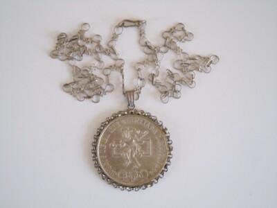 Silber Kette & Anhänger in Fassung Olympiade Mexico 1968 / 25 Pesos 31,6 g