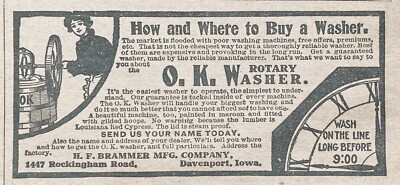 1906 AD(XH34)~H.F. BRAMMER MFG. CO. DAVENPORT, IOWA. THE O.K. ROTARY WASHER