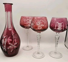Nachtmann Traube Cranberry 3 Tall Hock Wine Set Plus Decanter Cut to Clear