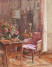 Watercolor French Drawing Oil Painting Scene D'Intérieur Table Lxv Armchair