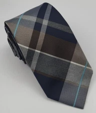 Ryan Seacrest Polyester Tie Gray Blue Brown Plaid Necktie Skinny 57 x 2.7/8