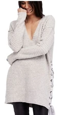 FREE PEOPLE Heart It Lace-Up Oversized Fit Sweater Grey Cotton Blend /M