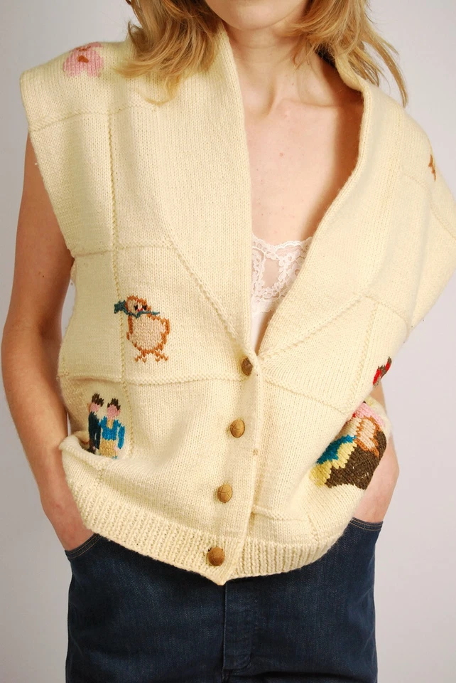 Chaleco Suéter Granja Años 80 (M) Crema Vintage Berek Mujeres Medio Aldeano Arte para Usar Foto 3 de 4