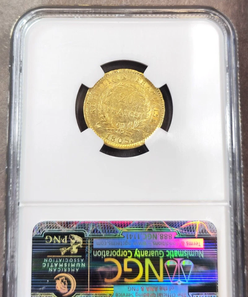 1808 FRANCIA ORO 20 FRANCOS EMPERADOR NAPOLEÓN BONAPARTE NGC AU 55 HERMOSA MONEDA Foto 2 de 3