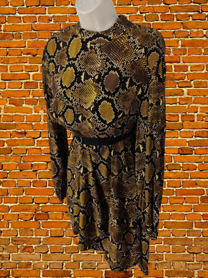 DAMEN-PARTYKLEID ZARA GRÖSSE UK LARGE BEIGE SCHWARZ SCHLANGENMUSTER LANGARM KURZ