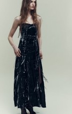 ZARA Sequin Velvet Midi Dress Women Black Strapless Slit Hem Size M NWT 7901/471