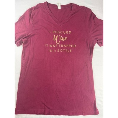 Bella Canvas Wine Graphic V-Neck T-Shirt Maroon Gold Glitter Women's Large