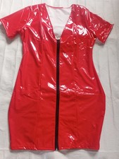 LATEST DESIGN Shiny Red Faux Leather Wet Look Zip Up Front Mini Dress Size 18