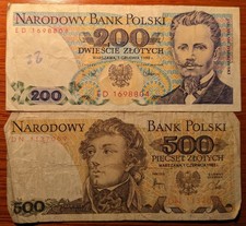 Poland 200-500 Zlotych Banknotes Lot of 2 1982-1988 Notes