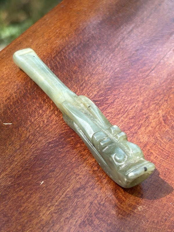 Antique Carved Celadon Jade Chinese Mouthpiece Pipe.Carved Dragon