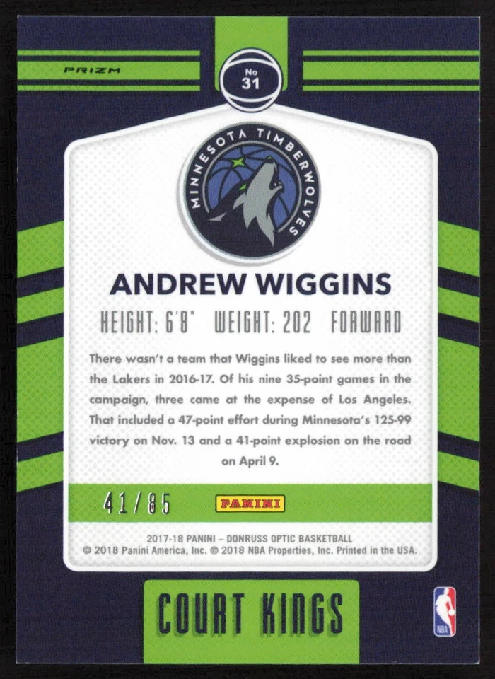 2017-18 Donruss Optic Court Kings Blue #/85 Andrew Wiggins #31 Timberwolves - Image 2 of 2