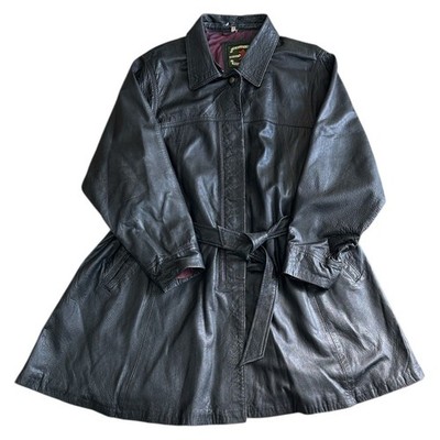 Rasierklinge Leder Trenchcoat Jacke lang mit Gürtel schwarz Damen Medium