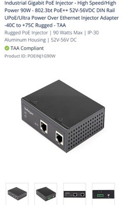 Industrial Gigabit PoE Injector Power 90W PoE++ 52V-56VDC Power Over Ethernet US