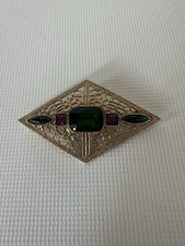 1928 Collection Brooch Pin Green Purple Rhinestones Openwork Gold Tone Vintage